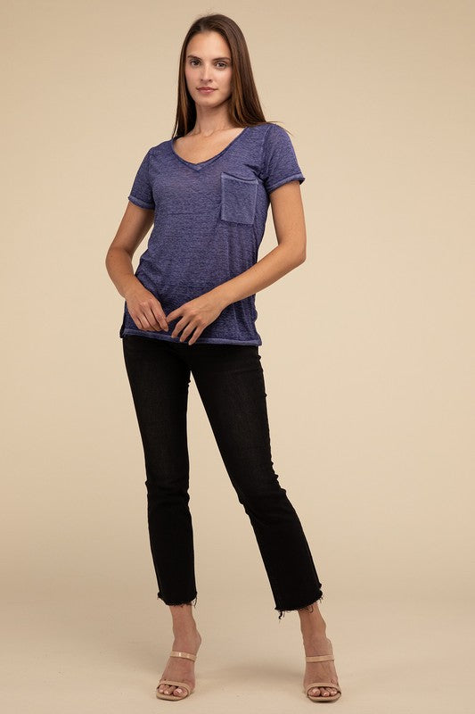ZENANA Washed Melange Burnout Scoop V-Neck Top