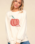 Haptics Full Size Embroidery Pumpkin Long Sleeve Knit Top