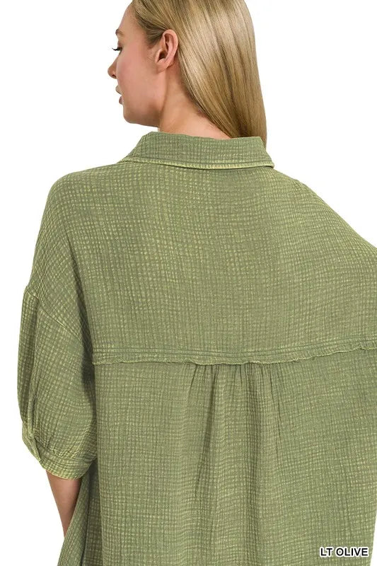 Zenana Washed Double Gauze Button Down Shirt Dress in Olive
