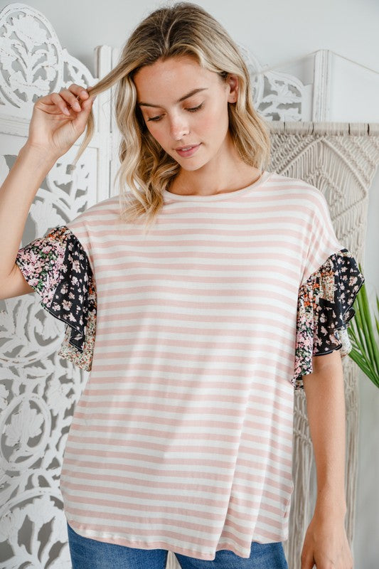 e Luna Striped Woven Floral Ruffle Top