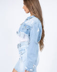 American Bazi Distressed Denim Jacket with Frayed Hem