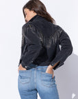 Cropped Denim Jacket with Rhinestone Fringe