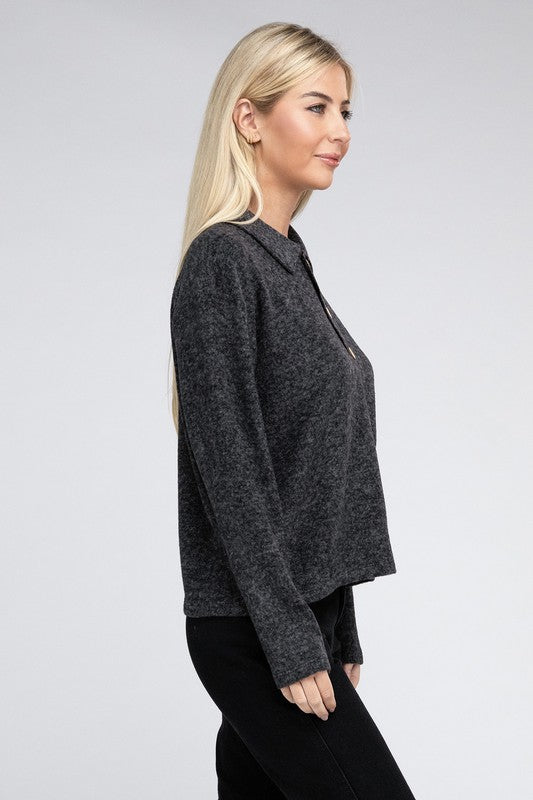 Zenana Brushed Melange Hacci Collared Sweater