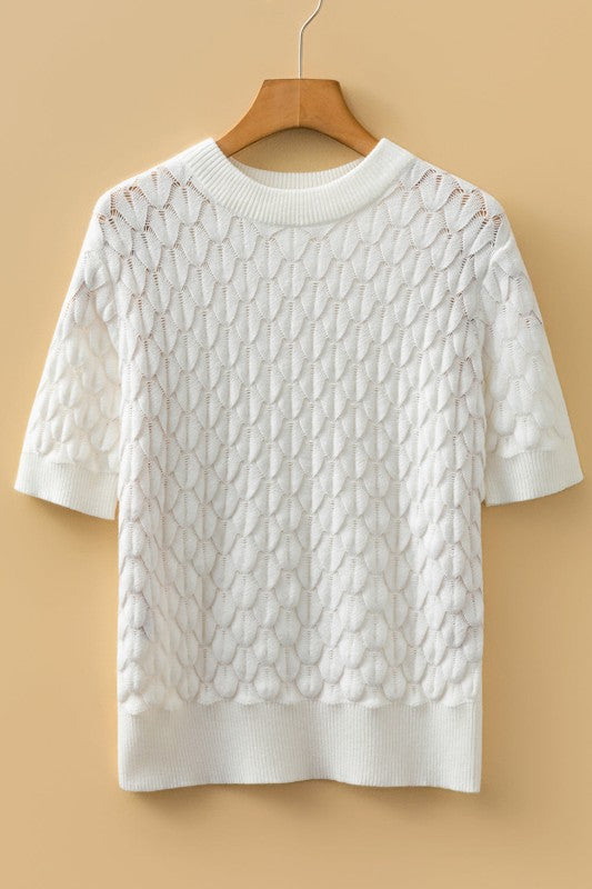 Fish Scale Textured Knit Short Sleeve Sweater