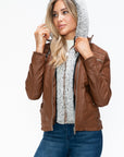 YMI Removable Faux Layered Multi-Pocket Jacket with Fuzzy Hood