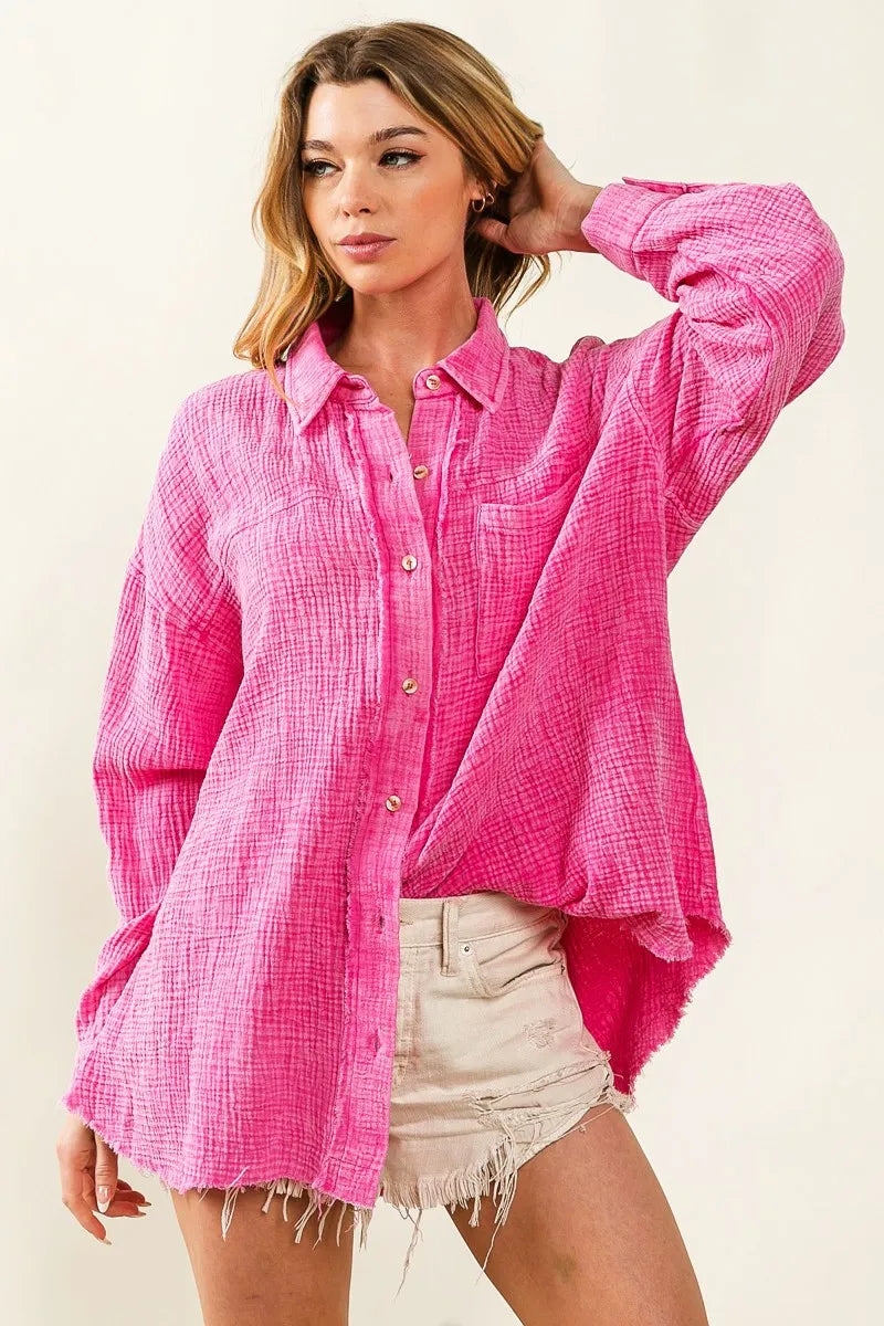 BiBi Raw Edge Detailed Mineral Washed Loose Fit Shirt in Fuchsia