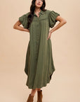 Annie Wear Mineral Washed Button Down Puff Sleeve Shirt Dress