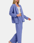 Zenana Quilted Button Up Long Sleeve Top and Pants Lounge Set