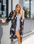 Navy Tropical Birds Tie Front Kimono