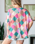 HOPELY Full Size Multi Colored Argyle Side Slit T-Shirt