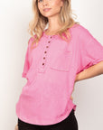 VERY J Twisted Sleeve Band Half Button Top