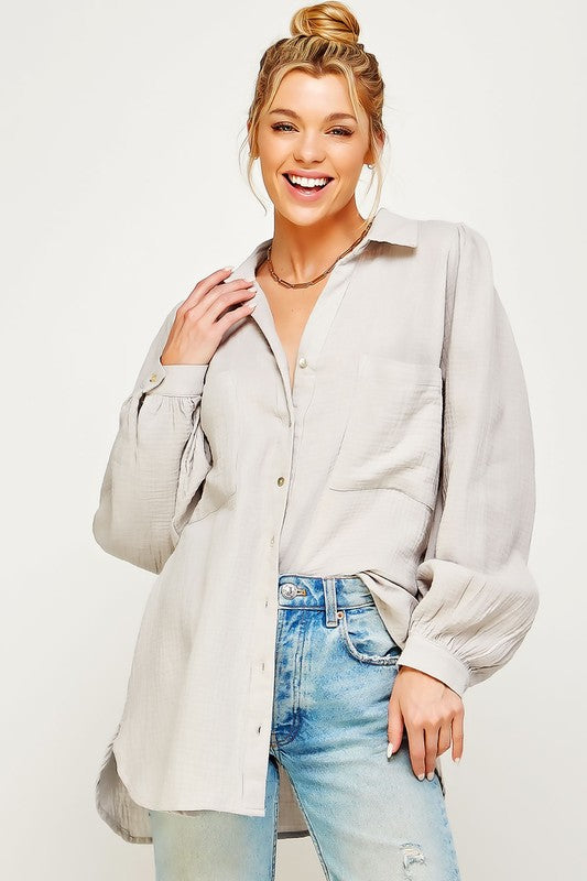 Textured Gauze Button Down Puff Sleeve Blouse