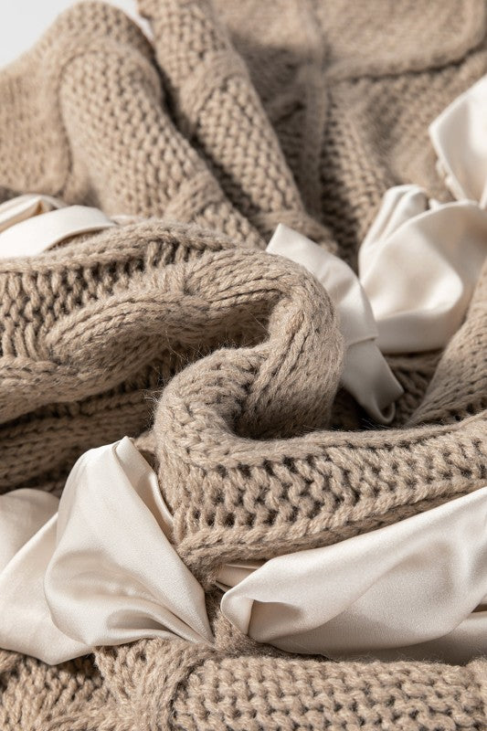 Colorblock Bow Cable Knit Short Sleeve Sweater