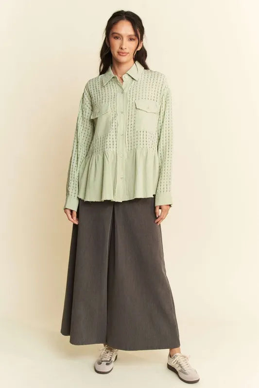 Davi & Dani Garment Washed Jacquard Button Front Shirt