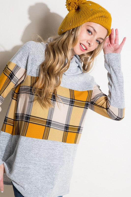 e Luna Plaid Mixed Turtle Neck Top