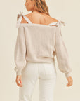 MABLE Off Shoulder Self Tie Strap Button Down Sweater