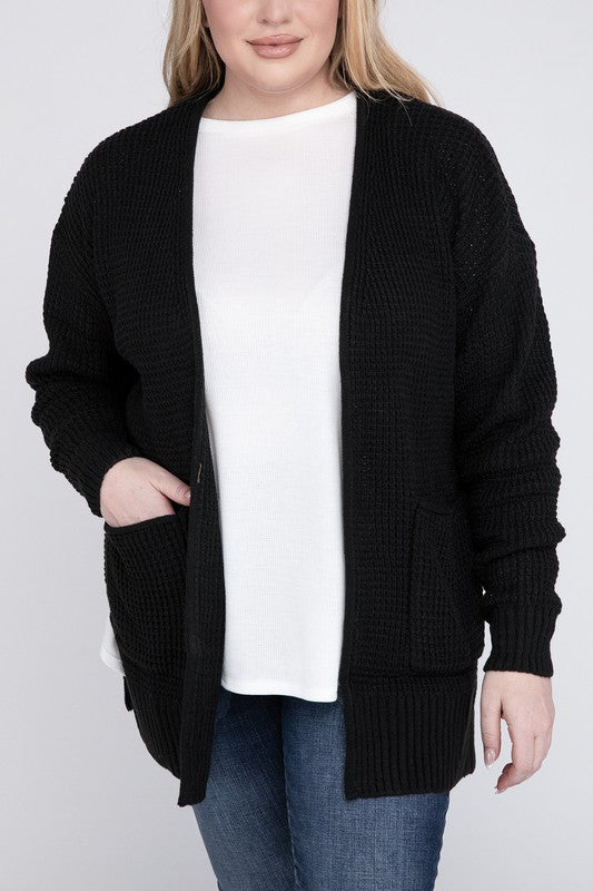 ZENANA Plus Low Gauge Waffle Open Cardigan Sweater