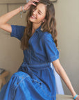 ADORA Tiered Button Down Tie Waist Short Sleeve Denim Dress