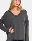 Zenana Texture Exposed Seam V-Neck Long Sleeve T-Shirt