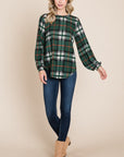 BOMBOM Curved Hem Plaid Round Neck Long Sleeve Top