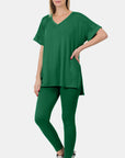 Zenana V-Neck Rolled Short Sleeve T-Shirt and Leggings Lounge Set