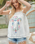 Davi & Dani Embroidered Sleeveless Ruffle Tank Top