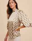 Annie Wear Tie Back Abstract Print Mock Neck Half Sleeve Blouse