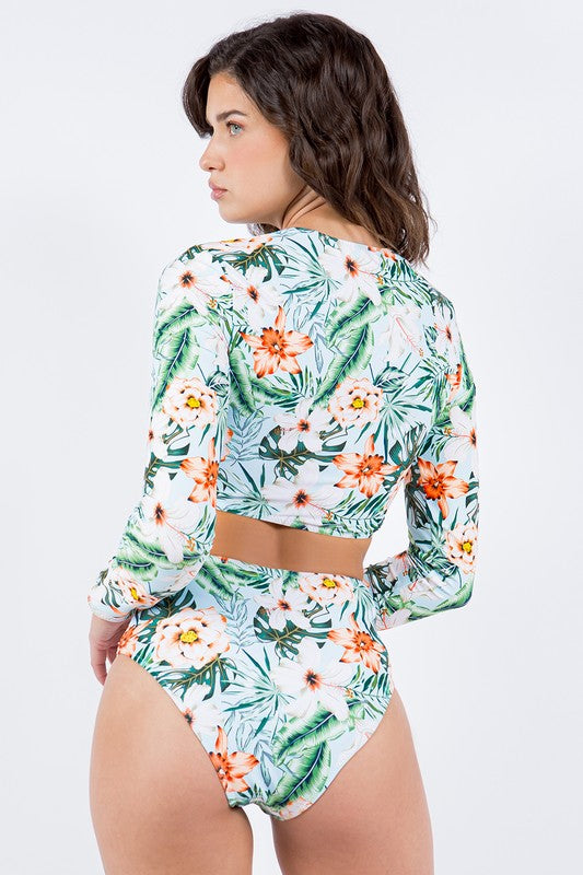 Two Piece Floral Prints with Long Sleeve Bikini