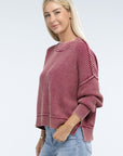 ZENANA Washed Side Slit Oversized Cropped Sweater