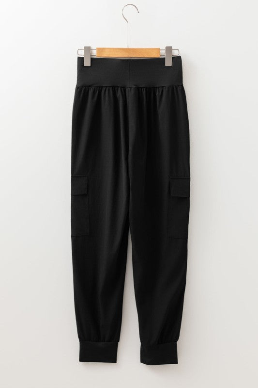 Solid Elastic High Waist Pocketed Cargo Jogger Pan