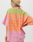 BiBi Plaid Collared Neck Half Sleeve Shirt