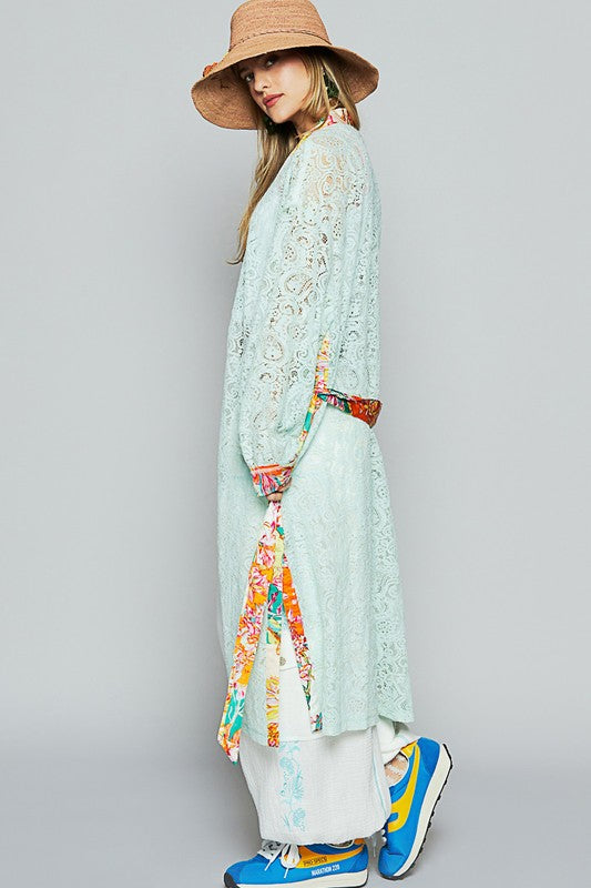 POL Floral Trim Lace Open Front Longline Cardigan