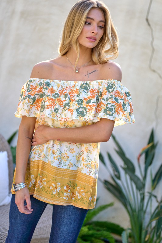 Davi &amp; Dani Printed Off Shoulder Smocked Top