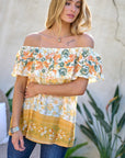 Davi & Dani Printed Off Shoulder Smocked Top