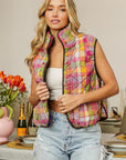 BiBi Quilted Washed Plaid Snap Down Vest