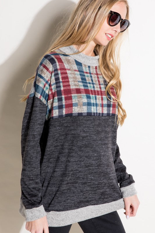 e Luna PLUS Solid Plaid Mock Neck Top