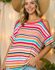 e Luna PLUS Multi Stripe Cold Shoulder Top