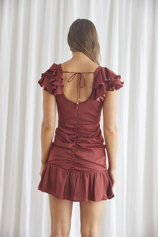 One and Only Collective Ruffle Flutter Ruched Mini Dress - Online Only