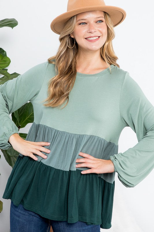 e Luna Color Block Ruffle Tiered Swing Top