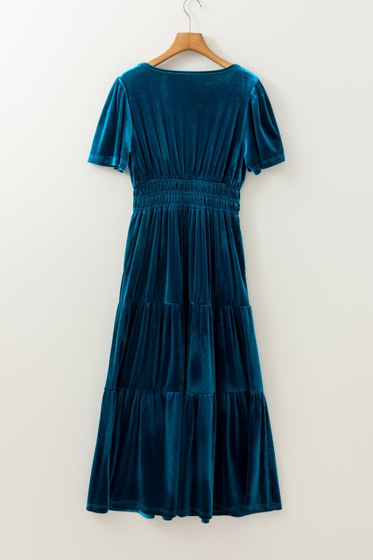 Velvet Shirred Waist Tiered Maxi Dress
