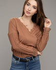 Lace Trim V Neck Long Sleeve Top