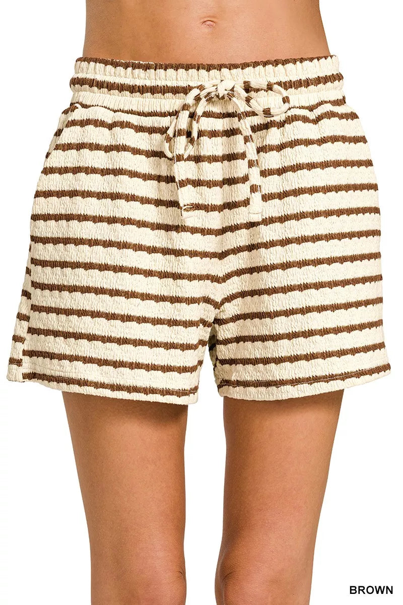 Zenana Striped Short Sleeve Tee & Shorts Set in Brown