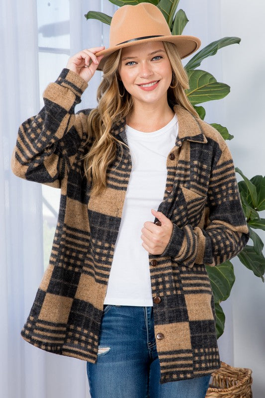 e Luna PLUS Fuzzy Plaid Button Down Shacket