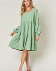 Double Take Full Size V-Neck Balloon Sleeve Tiered Dress with Pockets