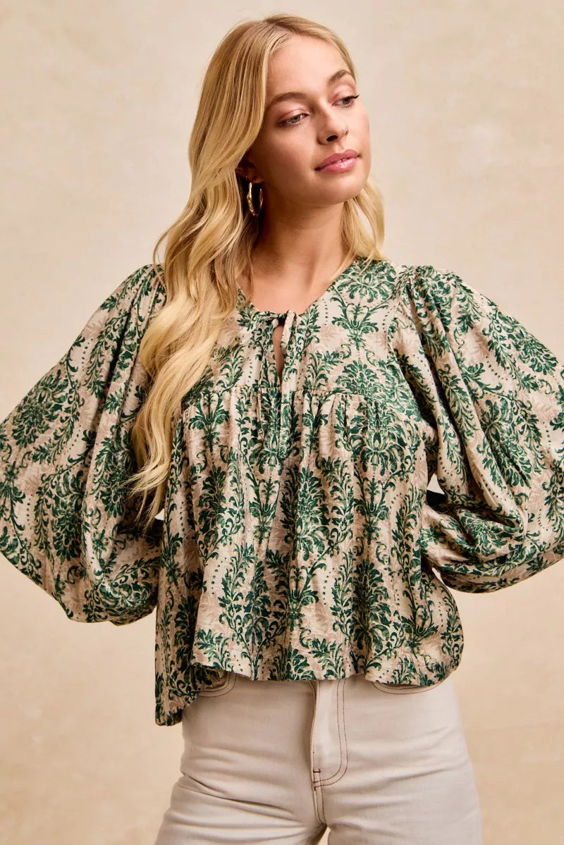 BiBi Printed Woven Front Tied Blouse with Baloon Sleeve