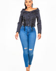 American Bazi Off Shoulder Lace Up Denim Jacket