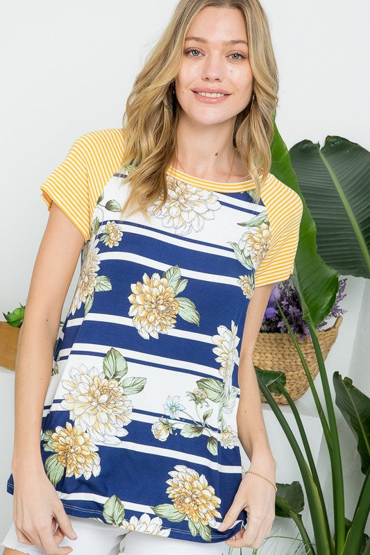 Floral Strip Mix Baseball Top - Online Only