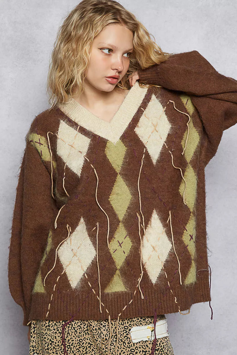 POL V-Neck Argyle Pattern Mohair Sweater with Contrast Exposed Stitch Detail