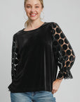 Umgee Polka Dot Lace Long Sleeve Round Neck Blouse