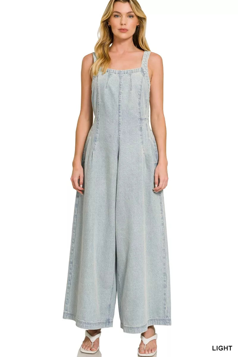 Zenana Denim Light Washed Wide Leg Overalls